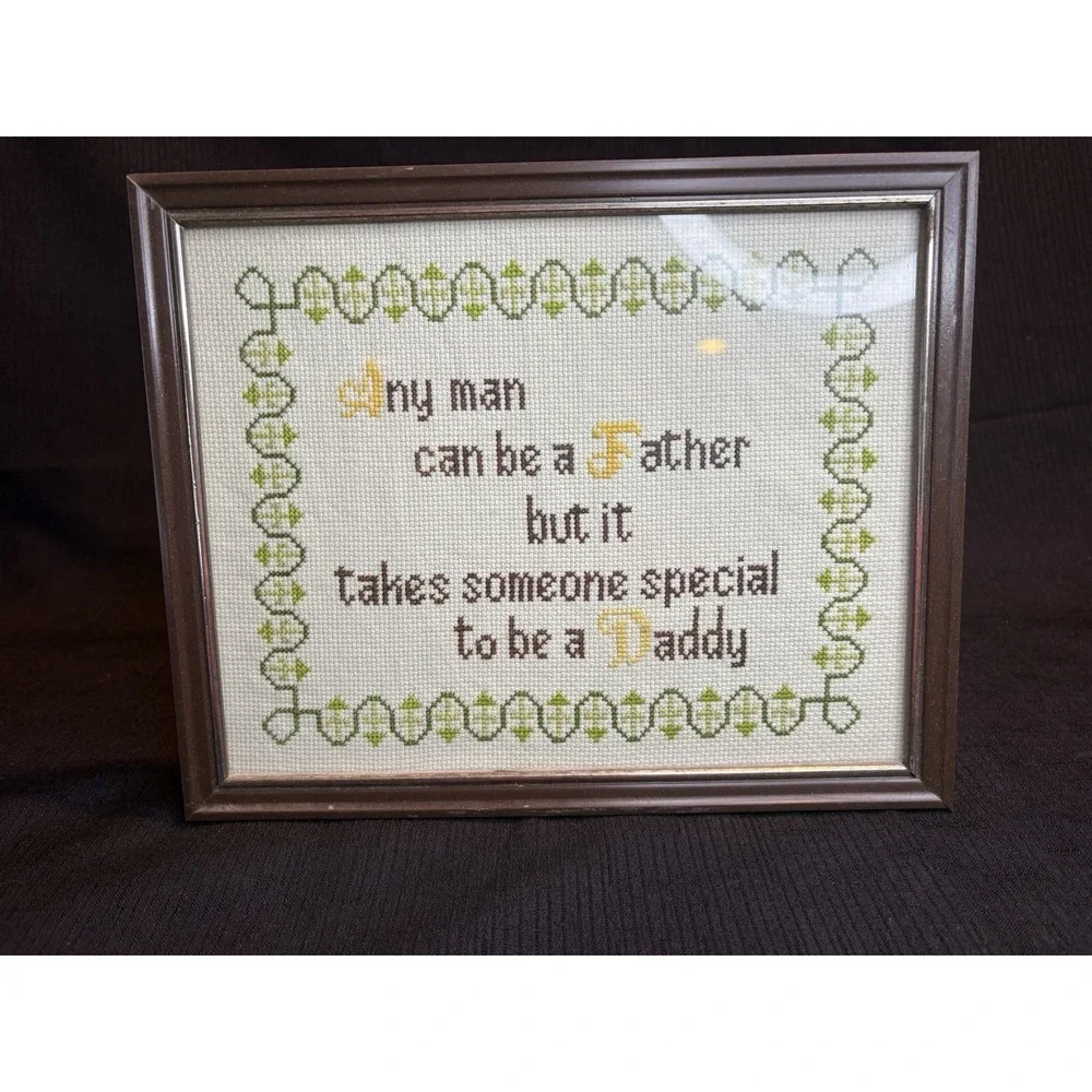 Vintage Handmade Framed Cross Stitch Father Daddy Quote Wall Art Decor